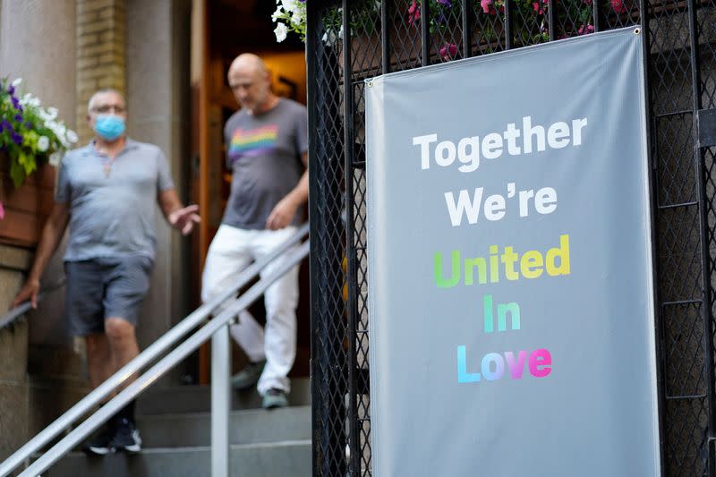 FILE PHOTO: LGBTQ banner is seen outside St. Francis of Assisi Church