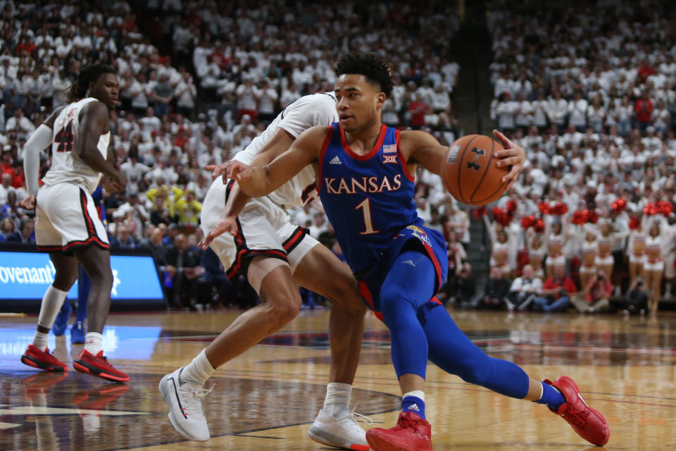 Kansas guard Devon Dotson drives to the basket against Texas Tech on March 7. (Michael C. Johnson/USA TODAY Sports)