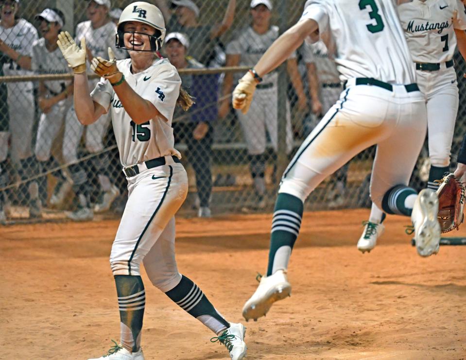 Lakewood Ranch's Amanda Lee scores to break the 3-3 tie in the bottom of the 12th inning winning 4-3 against the Sarasota Sailors Tuesday night March 21, 2023, at Lakewood Ranch High.