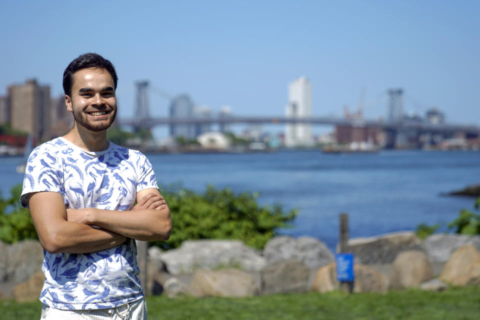 Research engineer Teven Le Scao, who helped create the new artificial intelligence language model called BLOOM, poses for a photo, Monday, July 11, 2022, in New York. (AP Photo/Mary Altaffer)