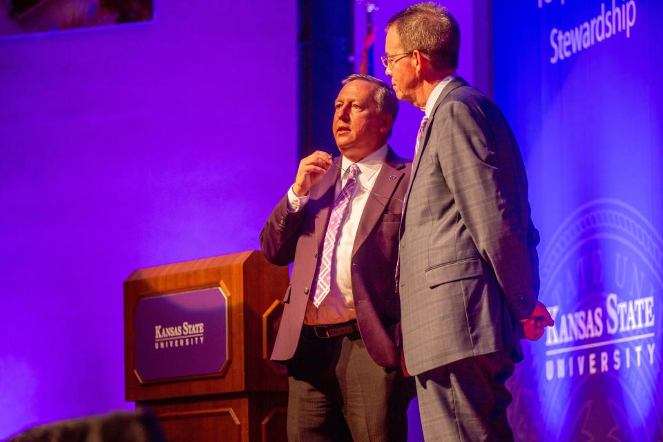 K-State president Richard Linton rejoins the stage at the end of the 2023 State of the University address, given by his chief of staff, Friday afternon.