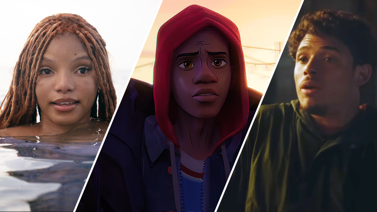 From left to right: Heroes of color are having a moment at the box office, including Halle Bailey in The Little Mermaid, Miles Morales in Across the Spider-Verse and Anthony Ramos in Transformers: Rise of the Beasts. (Photos Courtesy Everett Collection)