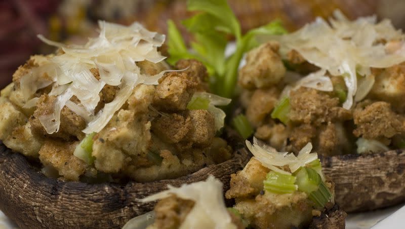 This photo taken Nov. 4, 2009 shows that by nestling stuffing in portobello mushroom caps and baking you have a new take on classic Thanksgiving leftovers. Top with Parmesan once out of the oven. 