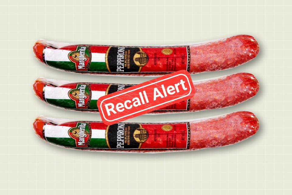 Walmart Margherita Pepperoni Log, 8 on a designed background with a recall button over it