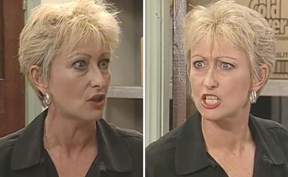 Two photos of Lynne McGranger with bleach blonde short hair in 1994