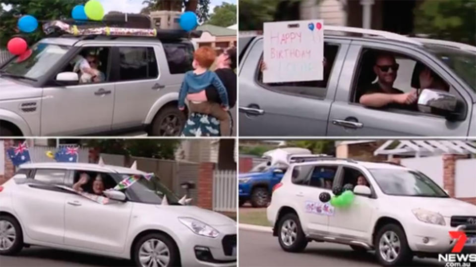 Four square images of three-year-old Louie's birthday drive-by parade in Perth under coronavirus isolation