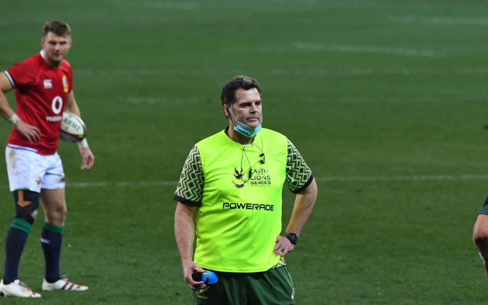 South Africa director of rugby, Rassie Erasmus, carrying out the role of water-carrier during the Lions series - World Rugby to review behaviour of water-carriers entering field of play - GETTY IMAGES