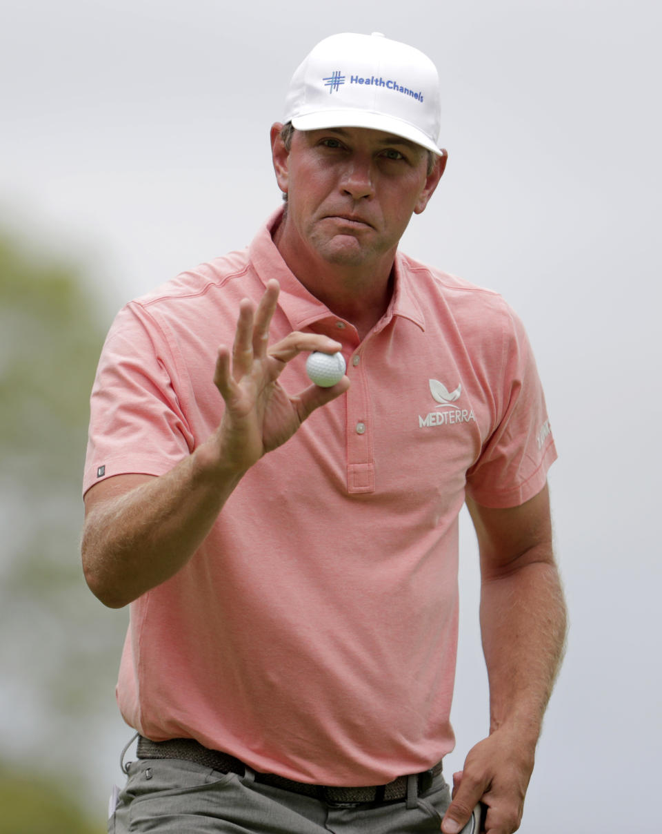 Lucas Glover reacts after putting on the third green during the final round of the PGA Championship golf tournament, Sunday, May 19, 2019, at Bethpage Black in Farmingdale, N.Y. (AP Photo/Julio Cortez)