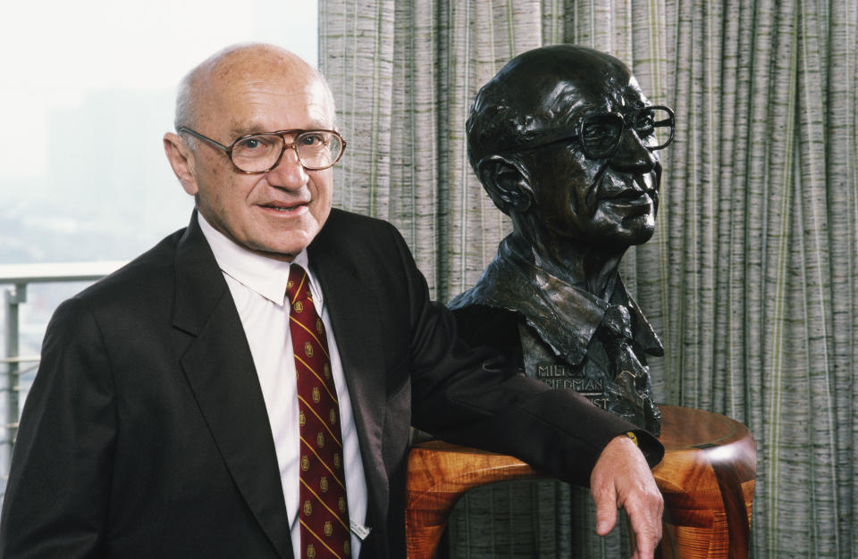 SAN FRANCISCO, CA - 1986:  Nobel Prize-winning economist Milton Friedman poses with a sculpture of himself during a 1986 San Francisco, California, photo portrait session. For much of the 1980s, Friedman's economic policies helped shape the United States and the world.(Photo by George Rose/Getty Images)