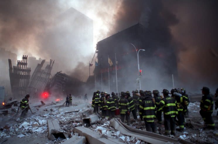 The terrorist attack on the World Trade Center in lower Manhattan, Sept. 11, 2001. (Photo by Justin Lane/Gamma-Rapho via Getty Images)