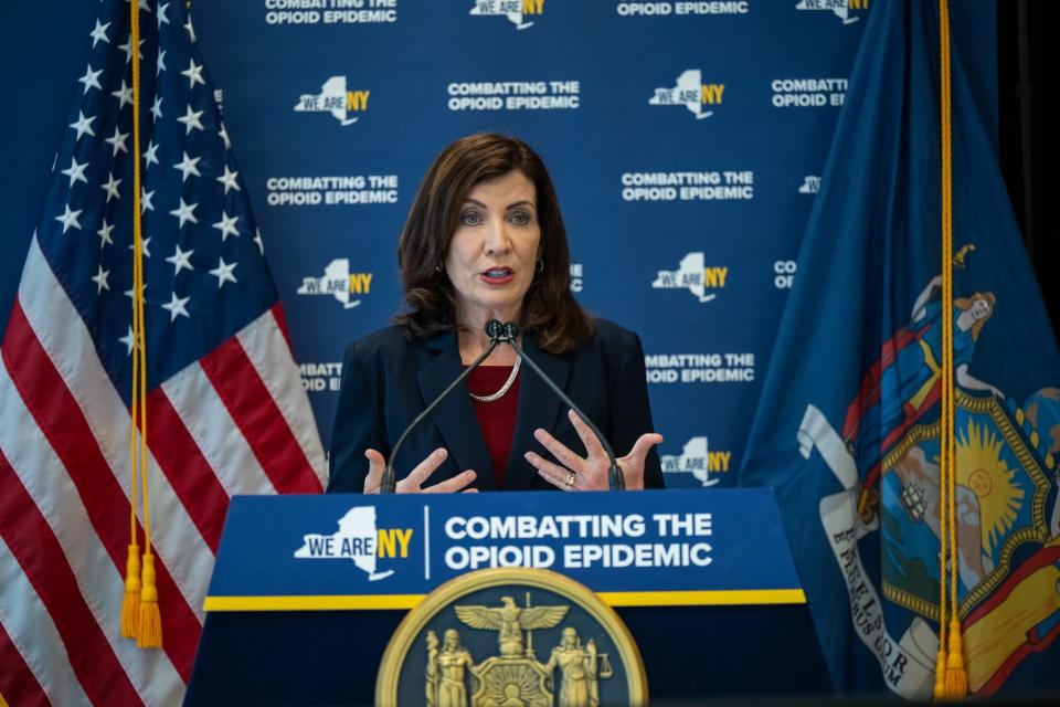 New York Gov. Kathy Hochul announces the first-year total of opioid settlement funds being spent statewide during a media briefing in the Bronx.