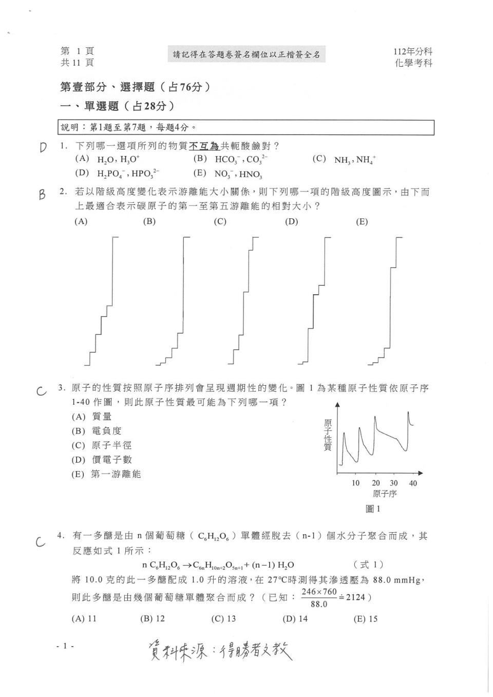 大學分科測驗化學科試題參考解答。（圖／得勝者文教提供）