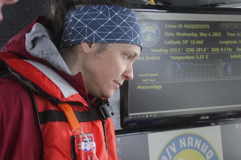 This May 4, 2022, photo shows oceanographer Claudine Hauri on the University of Alaska Fairbanks research vessel Nanuq in the Gulf of Alaska. She is part of a team that fitted an underwater glider with special sensors to study ocean acidification. (AP Photo/Mark Thiessen)