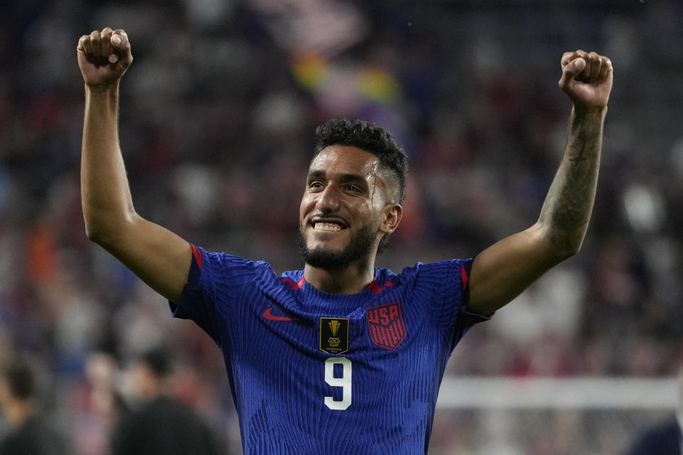 United States forward Jesús Ferreira (9) celebrates his goal against Canada in extra time in a penalty shootout during a CONCACAF Gold Cup semi-final soccer match, Sunday, July 9, 2023, in Cincinnati. The United States advances. (AP Photo/Michael Conroy)