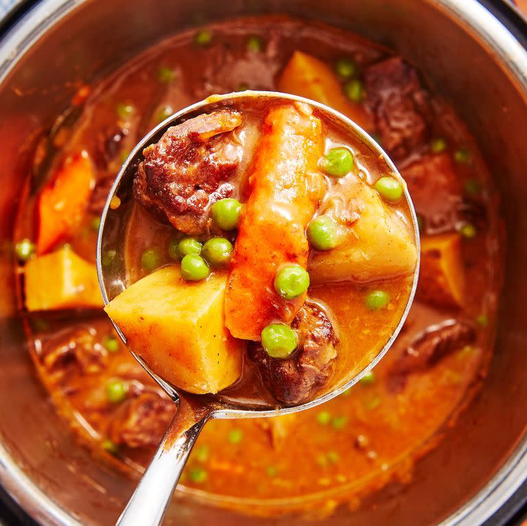 <p>There's no need to wait for a large piece of stew meat to tenderise for hours when your Instant Pot can do it in 25 minutes. This is a warm, comforting bowl of hearty <a href="https://www.delish.com/uk/cooking/recipes/g28844124/slow-cooker-beef-stew/" rel="nofollow noopener" target="_blank" data-ylk="slk:beef stew;elm:context_link;itc:0;sec:content-canvas" class="link ">beef stew</a> with very little effort and in a fraction of the time. It's exactly what you need an a cold winter's night!</p><p>Get the <a href="https://www.delish.com/uk/cooking/recipes/a31110477/instant-pot-beef-stew-recipe/" rel="nofollow noopener" target="_blank" data-ylk="slk:Instant Pot Beef Stew;elm:context_link;itc:0;sec:content-canvas" class="link ">Instant Pot Beef Stew</a> recipe. </p>