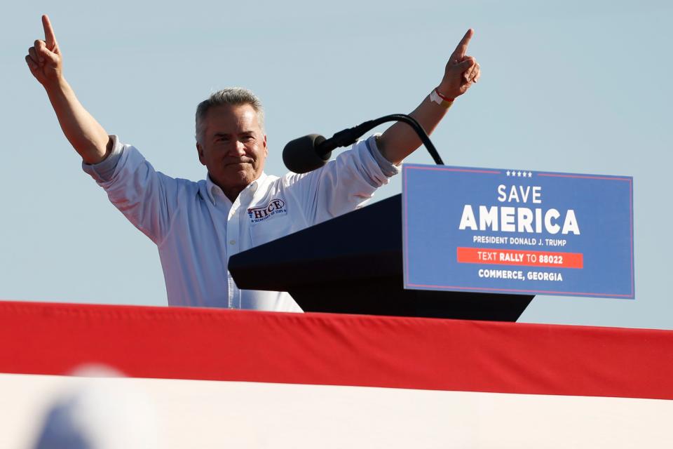 Candidate for Georgia secretary of state Rep. Jody Hice takes the stage at a "Save America Rally" at the Banks County Dragway on Saturday, March 26, 2022.