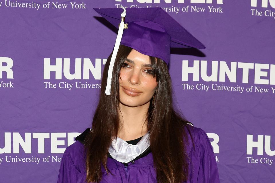 Emily Ratajkowski poses for a picture before delivering the winter commencement address for Hunter College at Hunter College on January 19, 2023 in New York City.