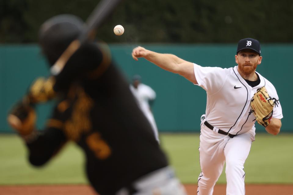 Tigers pitcher Spencer Turnbull throws a pitch in the second inning of the 5-2 win over the Pirates in Game 2 of the doubleheader on Wednesday, April 21, 2021, at Comerica Park.