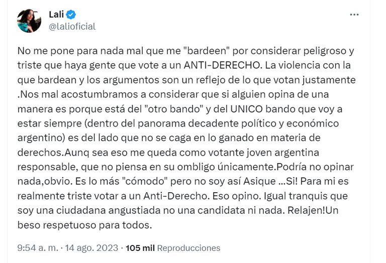 El descargo de Lali Espósito tras las críticas