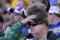 CORRECTS TO NORTH DAKOTA STATE NOT NORTH DAKOTA - A North Dakota State fan watches the first half of the FCS Championship NCAA college football game against the South Dakota State, Sunday, Jan. 8, 2023, in Frisco, Texas. (AP Photo/LM Otero)