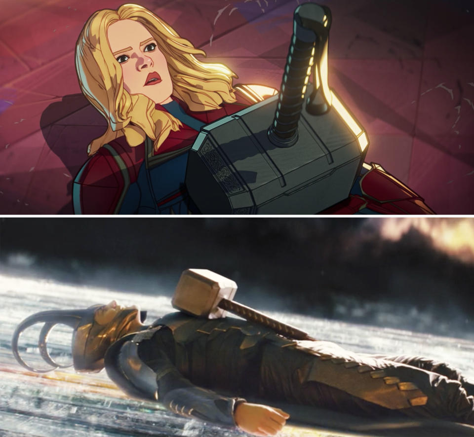 Captain Marvel laying underneath Thor's hammer vs Loki doing the same