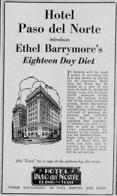 Anuncio de la dieta de los 18 días en el hotel Paso del Norte (Texas) en 1929.