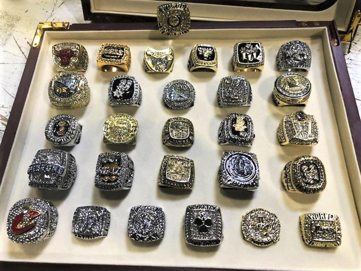 The counterfeit ring collection included knock-offs of vintage rings and those won recently by the Cavaliers and Warriors. (AP)