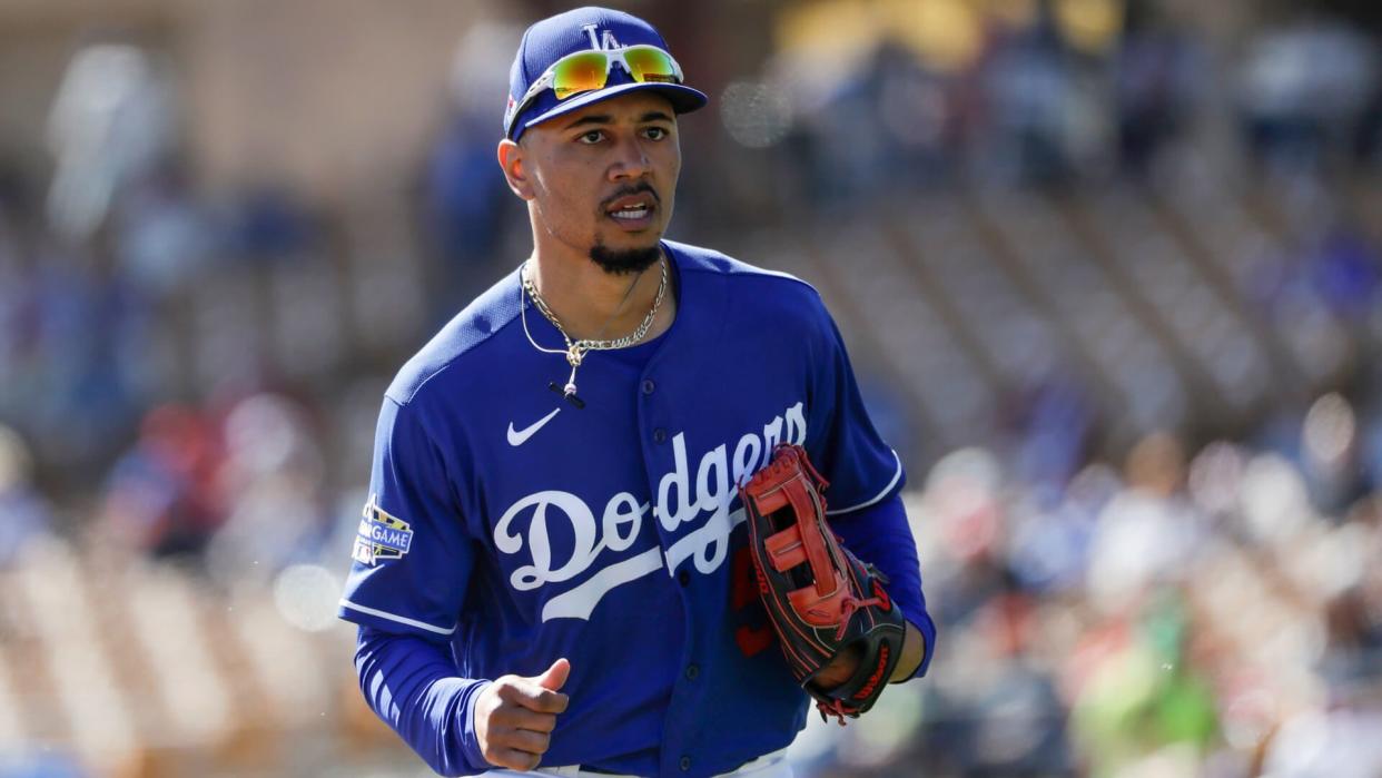 Mandatory Credit: Photo by Gregory Bull/AP/Shutterstock (10568445ak)Los Angeles Dodgers right fielder Mookie Betts during the first inning of a spring training baseball game against the Los Angeles Angels, in Glendale, ArizAngels Dodgers Spring Baseball, Glendale, USA - 26 Feb 2020.