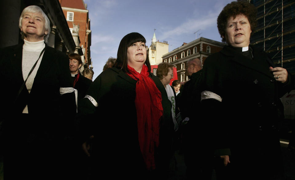 LONDON - JANUARY 13:  Comedian and actress Dawn French joins hundreds of female clergy from England and Wales in a fight against poverty with Christsin Aid on January 13, 2005 in London, England. The campaign group brings together around 150 charities, unions and faith groups to challenge world leaders to deliver trade justice, debt cancellation and more and better aid for the world?s poorest countries. (Photo by Bruno Vincent/Getty Images)