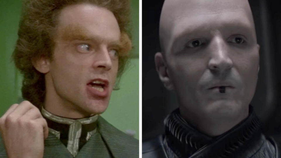 Piter with overgrown eyebrows and a long thin face vs. Dastmalchian's Piter who has no hair at all and a black mark on his bottom lip