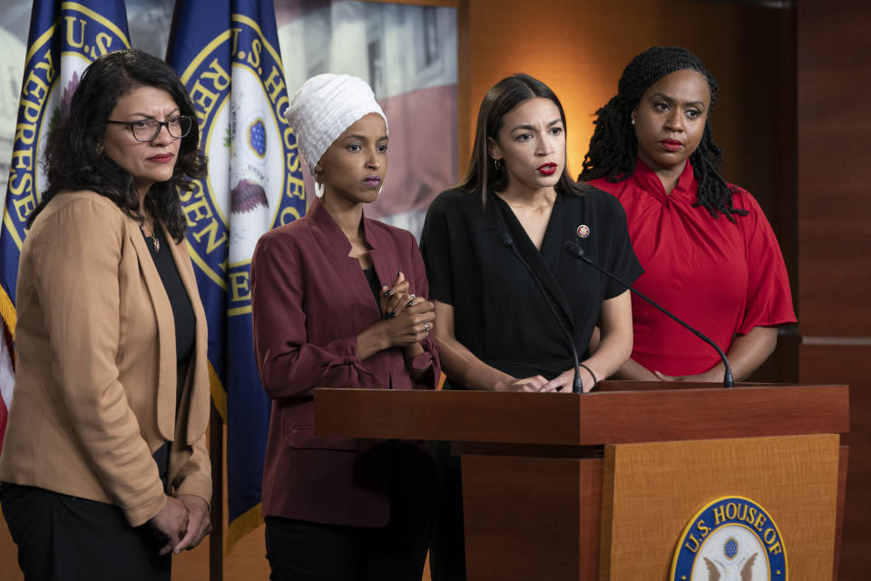 From left, Rep. Rashida Tlaib, D-Mich., Rep. Ilhan Omar, D-Minn., Rep. Alexandria Ocasio-Cortez, D-N.Y., and Rep. Ayanna Pressley, D-Mass., respond to remarks by President Donald Trump after his call for the four Democratic congresswomen to go back to their "broken" countries. (Photo: ASSOCIATED PRESS)