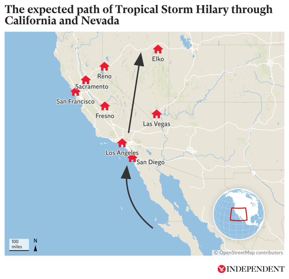 A map to show the anticipated path of Tropical Storm Hilary as it moves inland through California and Nevada (The Independent/Datawrapper)