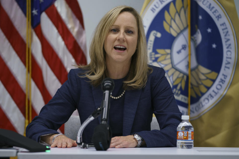 New Bureau of Consumer Financial Protection director Kathy Kraninger speaks to media at the Bureau of Consumer Financial Protection offices in Washington, Tuesday, Dec. 11, 2018. (AP Photo/Carolyn Kaster)