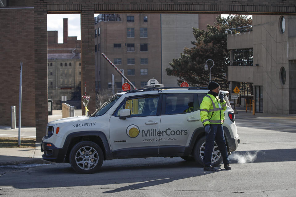 Security personnel patrol outside the Molson Coors campus on Feb. 27, a day after the deadly attack.&nbsp; (Photo: Kamil Krzaczynski via Getty Images)