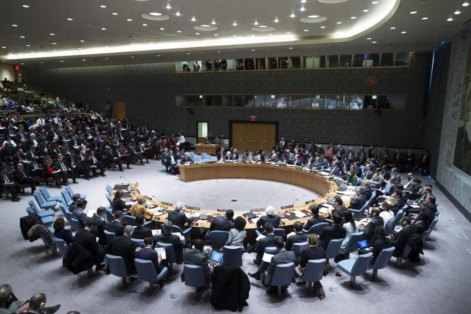 Ukrainian interim Prime Minister Arseniy Yatsenyuk speaks during an U.N. Security Council meeting on the Ukraine crisis, Thursday, March 13, 2014, at United Nations headquarters. Yatsenyuk, during a meeting with President Barack Obama on Wednesday, declared in English that his government was "absolutely ready and open for talks with the Russian Federation" and urged Moscow to "start the dialogue" without guns and tanks. (AP Photo/John Minchillo)