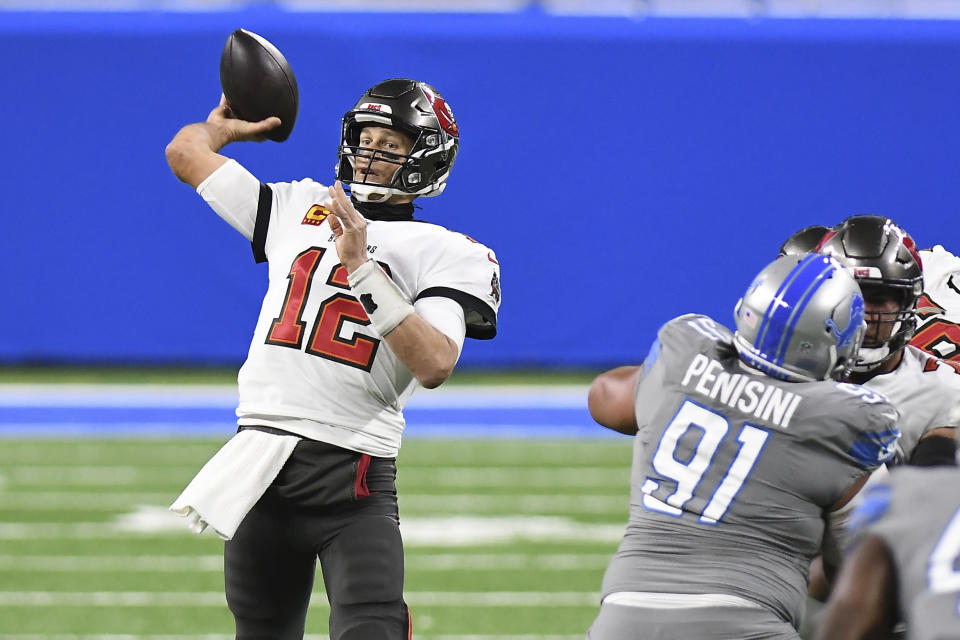 Tampa Bay Buccaneers quarterback Tom Brady (12) throws during the first half of an NFL football game against the Detroit Lions, Saturday, Dec. 26, 2020, in Detroit. (AP Photo/Lon Horwedel)