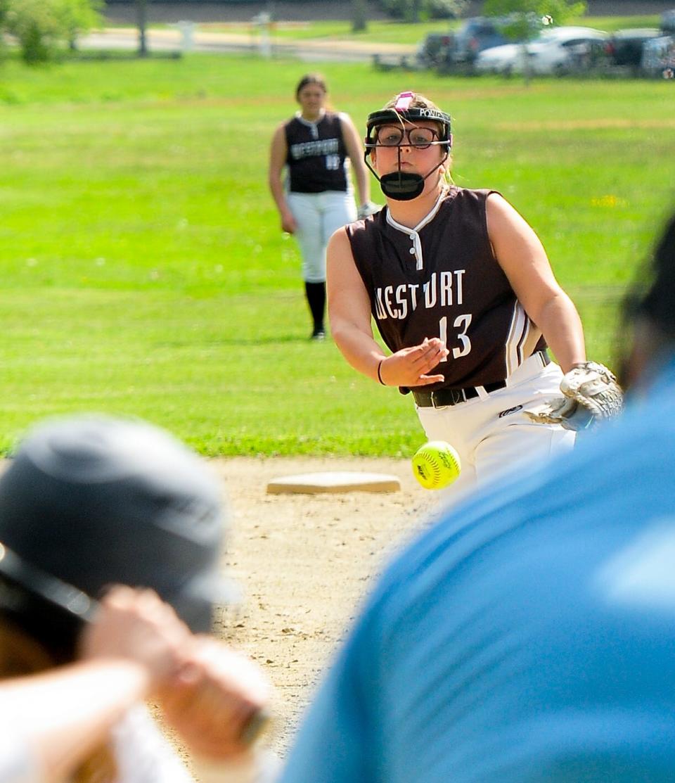 Westport’s MacKenzy Ponte delivers a pitch during Monday’s game against Bristol Plymouth.