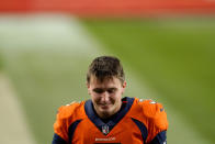 Denver Broncos quarterback Drew Lock (3) smiles as he leaves the field after an NFL football game against the Miami Dolphins, Sunday, Nov. 22, 2020, in Denver. The Broncos won 20-13. (AP Photo/Jack Dempsey)