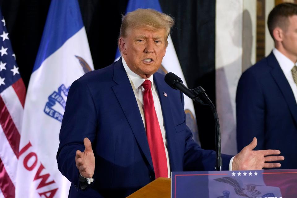 Former President Donald Trump visits with campaign volunteers at the Elks Lodge, Tuesday, July 18, 2023, in Des Moines, Iowa.