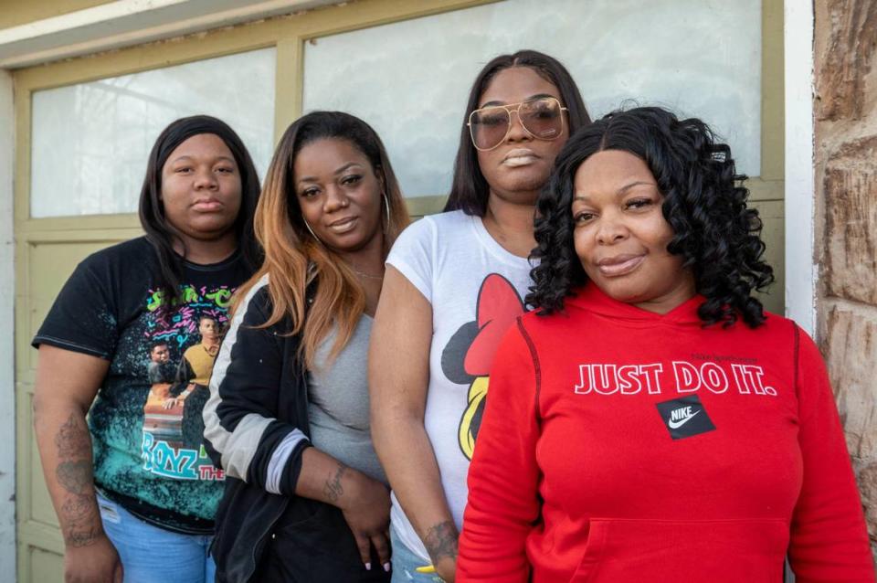 The family of Tyrea Pryor is pictured in a March 15, 2022, photo. The family includes niece Taylor Bozeman, from left, Ebony Findley, mother of Tyrea Pryor’s two children, and Tyrea Pryor’s two sisters Cyrstal Leggs and Marchelle Pryor.