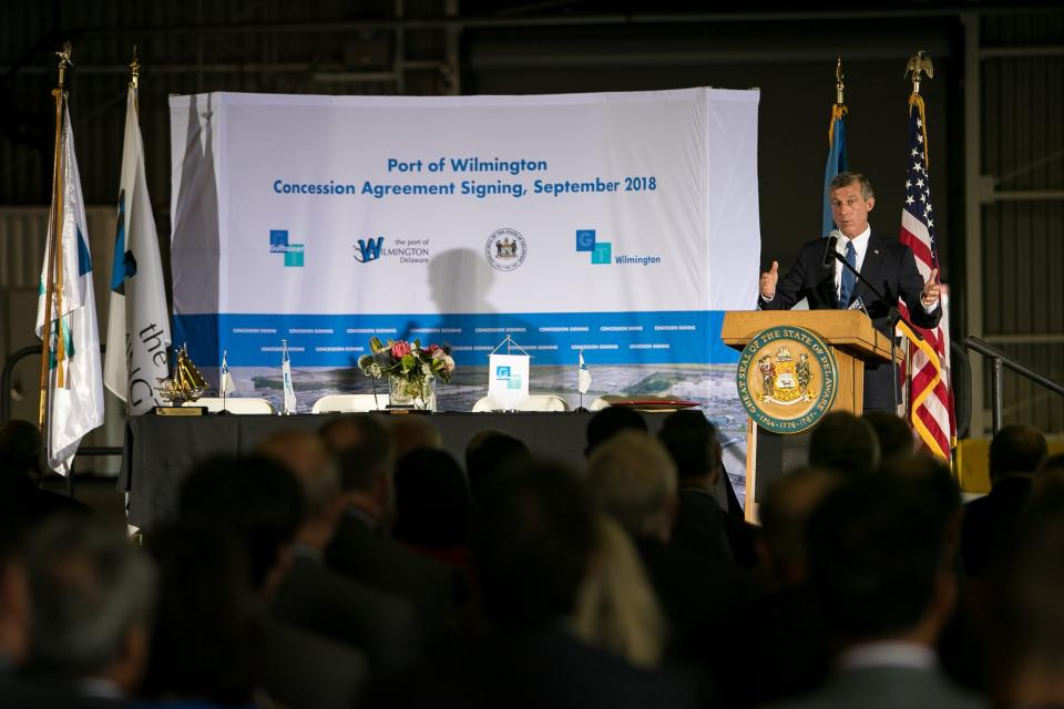 Gov. John Carney speak to the attendees before signing a final agreement with Emirati port operator Gulftainer to privatize the Port of Wilmington. 