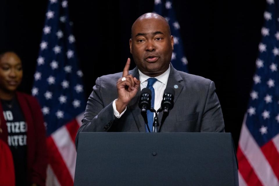 DNC Chair Jaime Harrison speaks at a rally after the midterm elections on Nov. 10, 2022 in Washington, D.C. (Photo by Nathan Posner/Anadolu Agency via Getty Images)