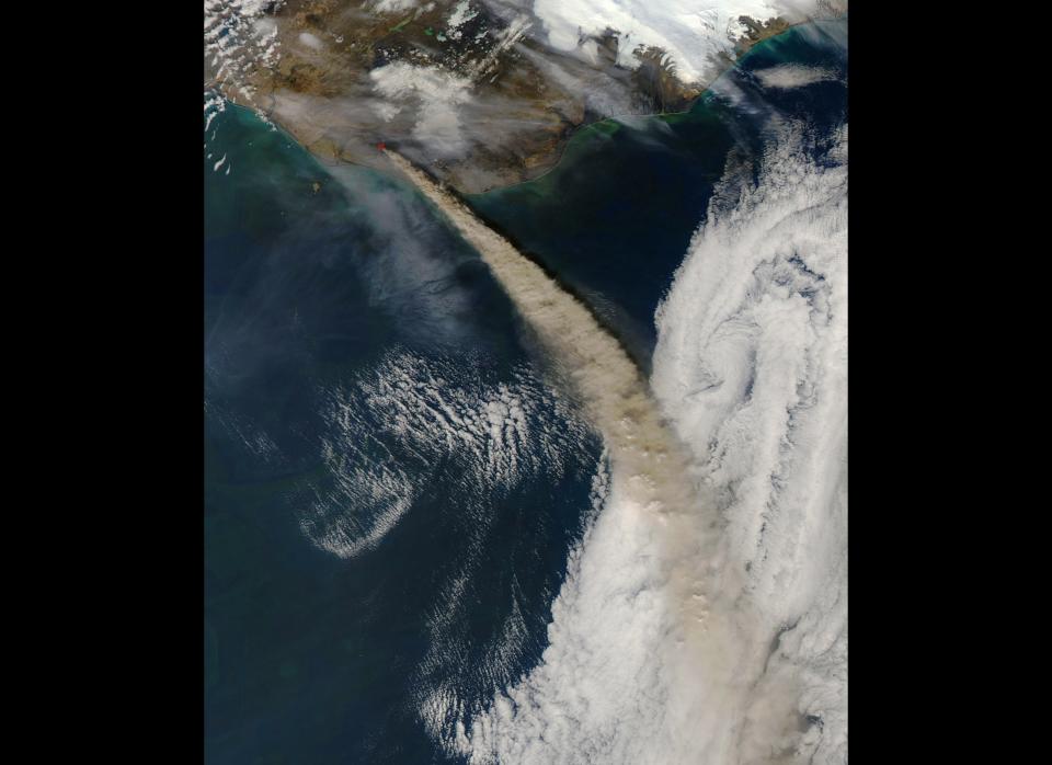 This handout picture captured by NASA's Moderate Resolution Imaging Spectroradiometer (MODIS) on board the Aqua satellite on May 8, 2010 shows Iceland's Eyjafjallajokull volcano continuing to emit a dense plume of ash and steam. Iceland's Eyjafjoell volcano threatened European skies with a new ash cloud Friday raising the risk of more flight cancellations, officials said. AFP / NASA MODIS - RESTRICTED TO EDITORIAL USE (Photo credit should read NASA MODIS/AFP/Getty Images)