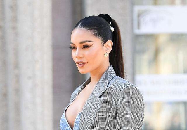 Vanessa Hudgens Mixes a Denim Bralette & Platform Heels With Men's-Inspired  Boxer Shorts at Miu Miu Paris Fashion Week Show