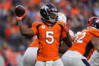 Denver Broncos quarterback Teddy Bridgewater (5) throws against the Los Angeles Chargers during the second half of an NFL football game, Sunday, Nov. 28, 2021, in Denver. (AP Photo/Jack Dempsey)