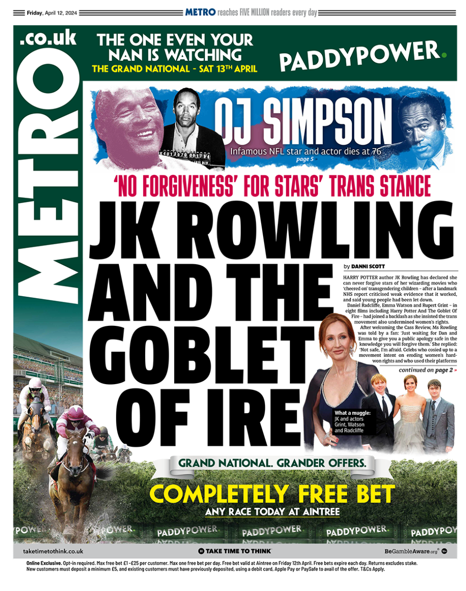 The headline in the Metro reads: "JK Rowling and the Goblet of Ire".
