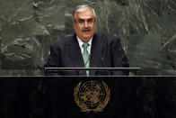 Bahrain's Foreign Minister Khalid bin Ahmed Al-Khalifa addresses the 74th session of the United Nations General Assembly, Saturday, Sept. 28, 2019. (AP Photo/Richard Drew)