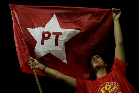 A supporter of Brazilian Workers Party protests against President Michel Temer, in front of Planalto Palace, in Brasilia, Brazil, April 17, 2017. REUTERS/Ueslei Marcelino