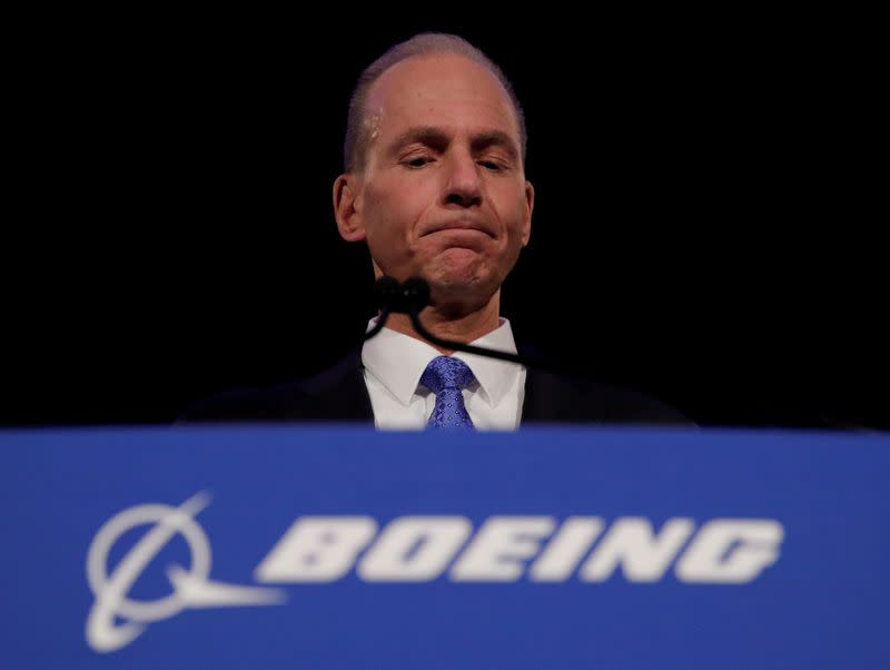 FILE PHOTO: Boeing CEO Muilenburg pauses while speaking during a news conference at the annual shareholder meeting in Chicago