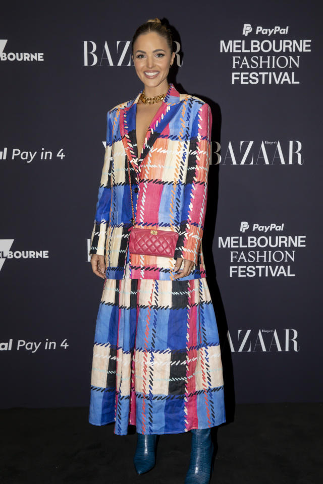 Olivia Molly Rogers arrives at the Melbourne Fashion Festival Closing Runwa